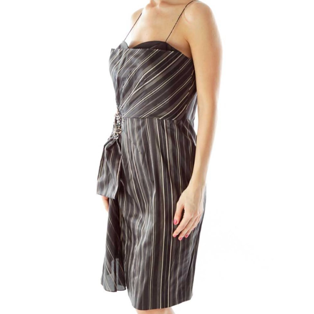 Sebastian Black Pinstripe Beaded Cocktail Dress - Picture 2 of 3